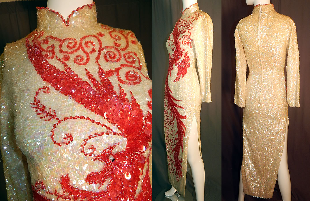 Vintage Chinese Cheongsam Dress Hand Beaded Sequin White & Red Phoenix Bird
This beautiful beaded cheongsam Chinese dress has an hour glass, sheath form fitting style, is a long floor length, with 26 inch high side slits, a mandarin style stand up collar, long sleeves, back zipper closure and is fully lined inside in a white silky nylon fabric. 