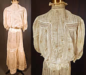 Edwardian Moire Pattern Print White Batiste Lace Dress Blouse & Skirt
