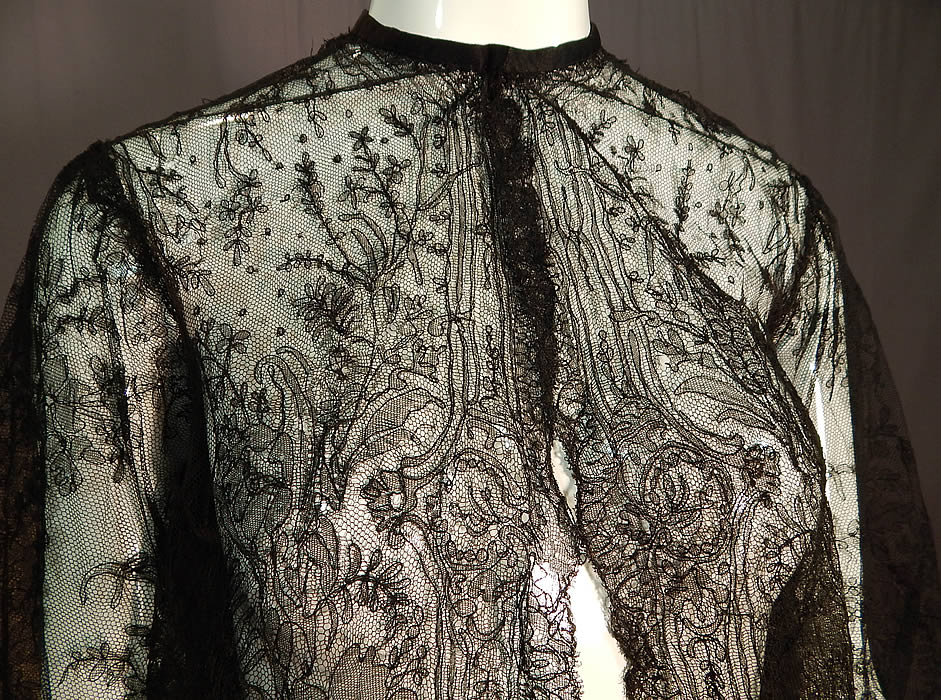 Victorian Antique Black Chantilly Lace Shawl Jacket Leg of Mutton Gigot Sleeve
This lovely lace has a lush floral foliage design throughout. 