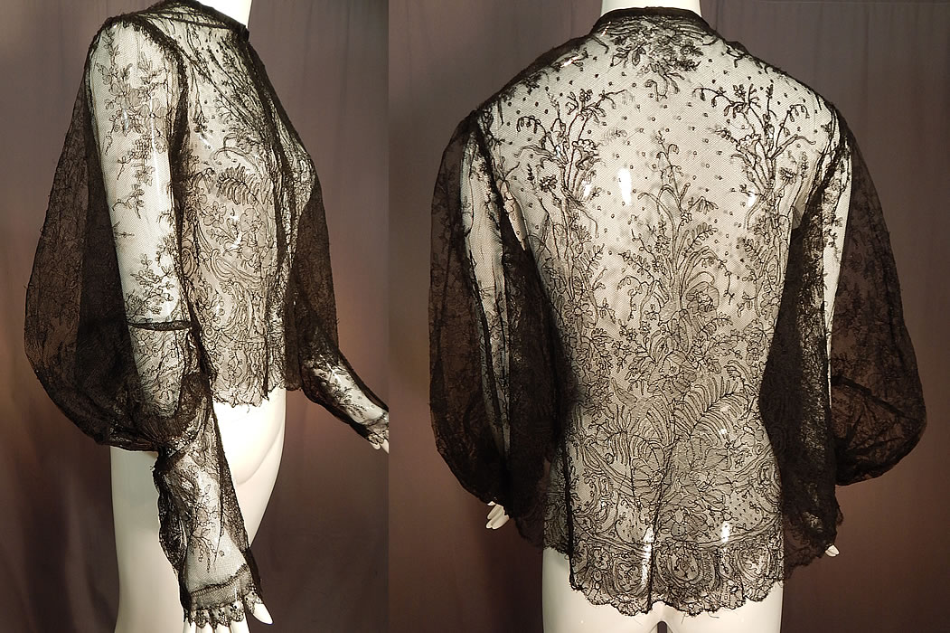 Victorian Antique Black Chantilly Lace Shawl Jacket Leg of Mutton Gigot Sleeve
It has been created into a loose fitting short style open front jacket, with no closure, a band collar, long full leg of mutton gigot style sleeves, fitted cuffs and is sheer, completely unlined. 