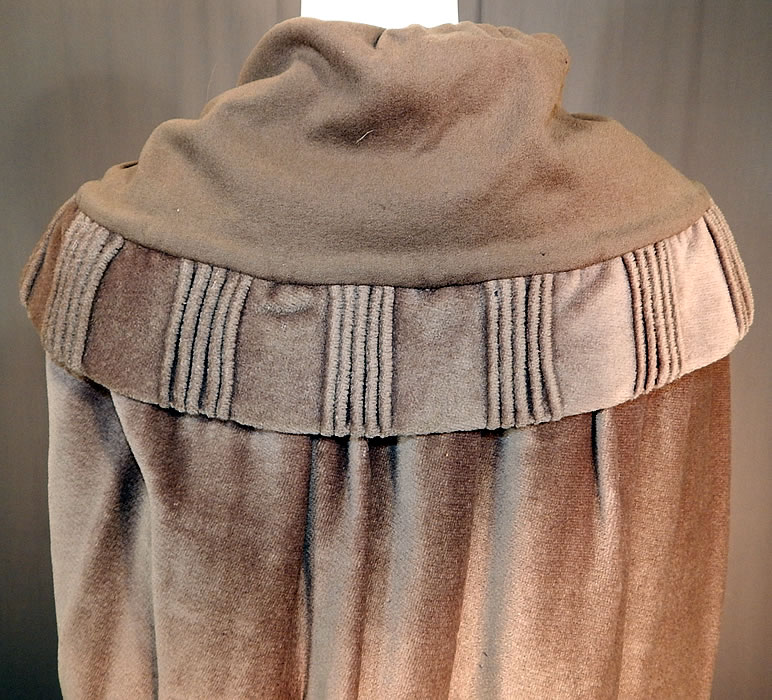 Vintage Art Deco Khaki Brown Mohair Wool Winter Shawl Collar Cloak Cape
The cape measures 46 inches long and 20 inches across the back shoulders.