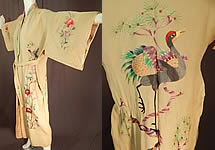 Vintage Chinese Yellow Silk Colorful Embroidered Duck Bird Belted Kimono Robe
