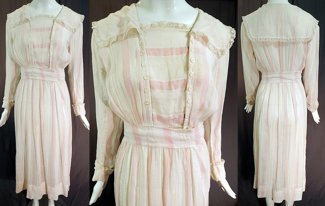 Edwardian White Cotton Pink Stripe Sailor Collar Middy Top Tea Dress
This vintage Edwardian era white cotton pink stripe sailor collar middy top tea dress dates from 1915. It is made of a white cotton fabric with a pink pastel pinstripe striped woven pattern.