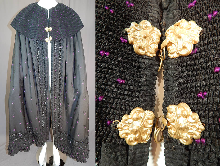 Victorian Purple Black Silk Damask Large Embroidered Shawl Collar Cloak Cape
This Victorian era antique purple and black silk damask large embroidered shawl collar cloak cape dates from the 1900.