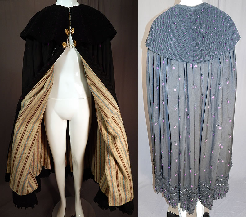 Victorian Purple Black Silk Damask Large Embroidered Shawl Collar Cloak Cape
It has superb workmanship and detail, creating a very dramatic look and is quite heavy perfect for winter warmth. 