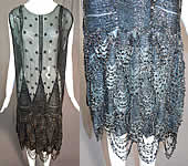 Vintage 1920s Art Deco Black Silk Sequin Polka Dot Jet Beaded Fringe Flapper Dress 