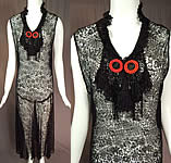 Vintage Art Deco Black Lace Net Floral Pattern Beaded Drop Waist Flapper Dress
