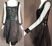Vintage Art Deco Black Silk Tulle Net Sequin Beaded Evening Gown Flapper Dress
