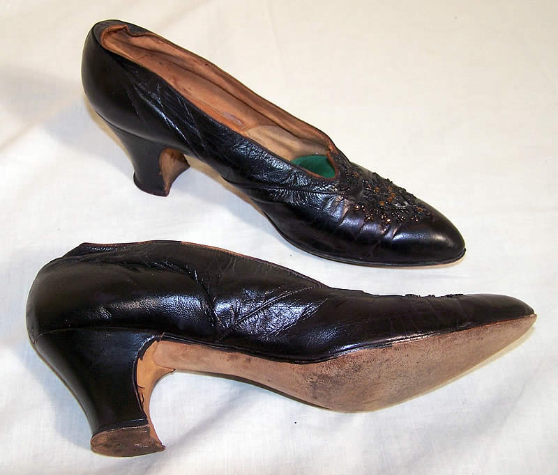 Edwardian Black Leather Bronze Beaded Shoes 