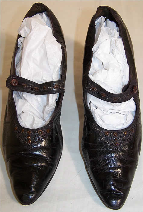 Edwardian Bronze Beaded Button Strap Shoes 