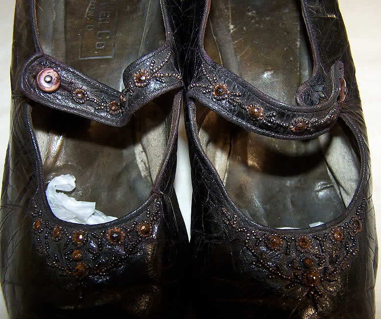 Edwardian Bronze Beaded Button Strap Shoes  Close up.