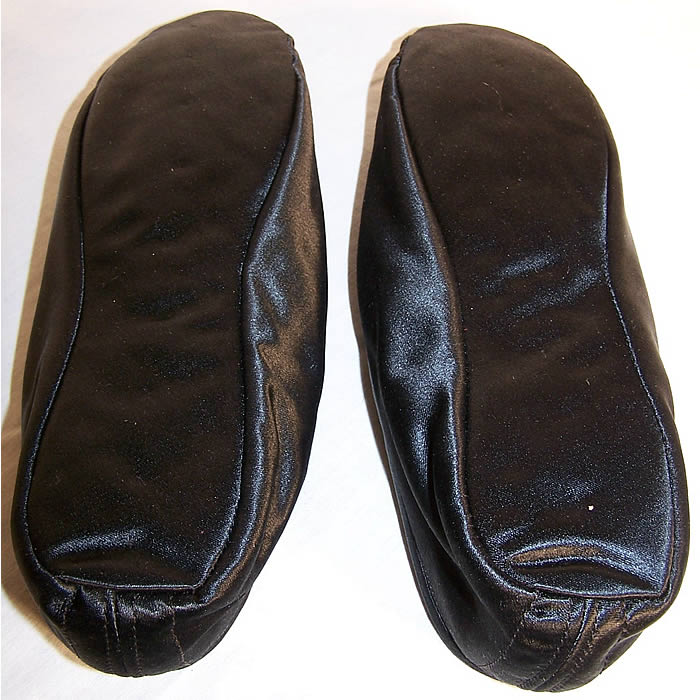 Edwardian Funeral Burial Black Satin Slipper Shoes Close up.