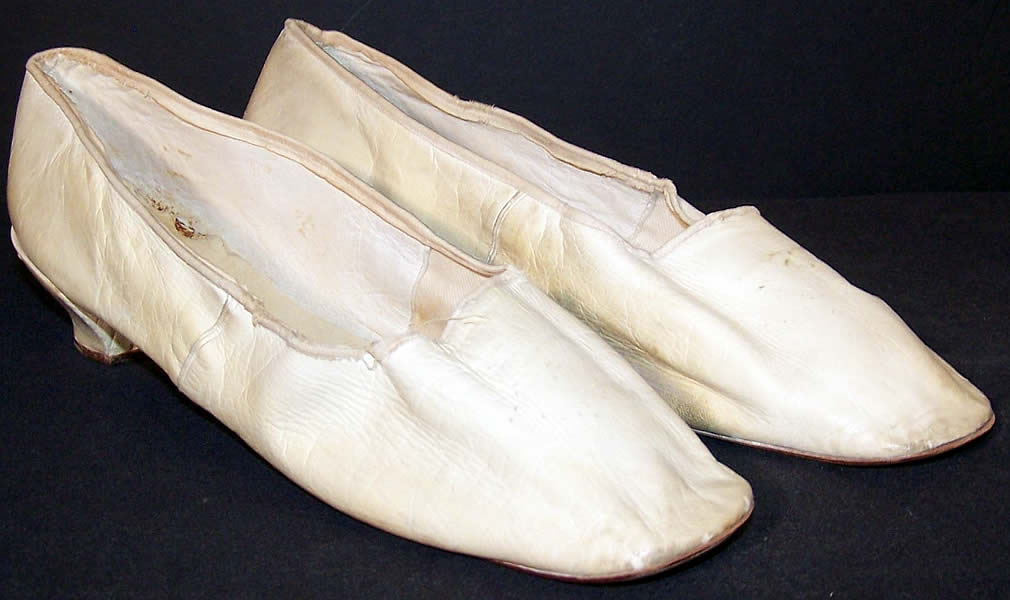 Victorian Wedding White Kid Straight Sole Shoes  Front view.
