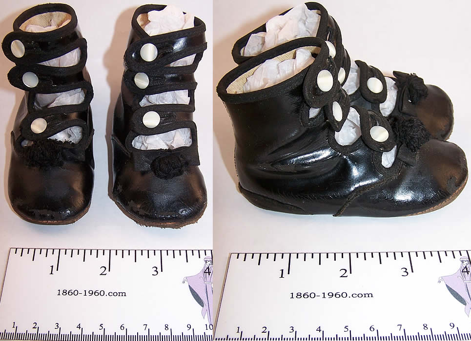 Victorian Black Leather High Button Strap Baby Shoes  Front view.
