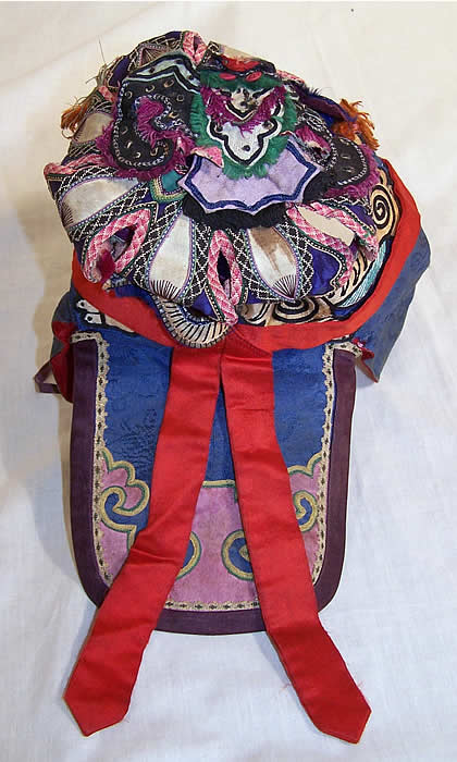 Chinese Silk Appliqué Child Tiger Hat  Back View.