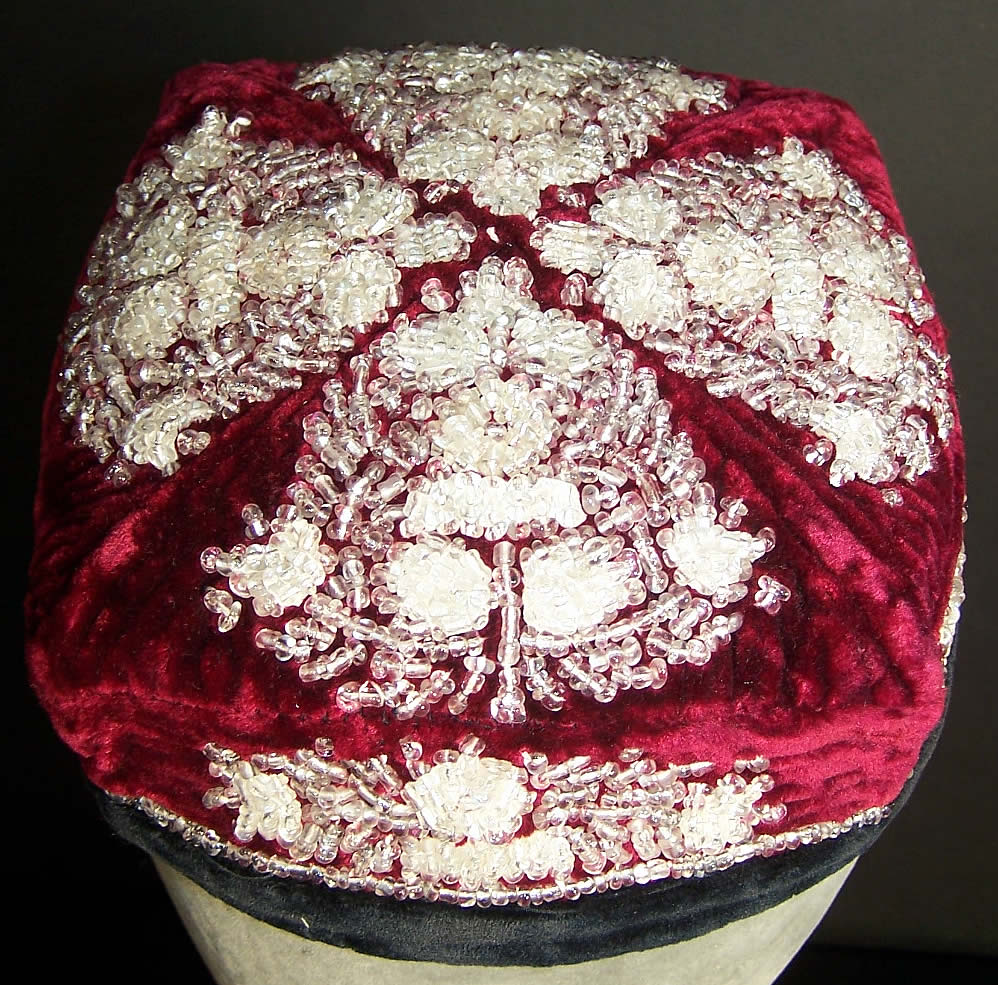 Russian Caucasus Uzbek Beaded Square Skullcap Doppa Hat side view.