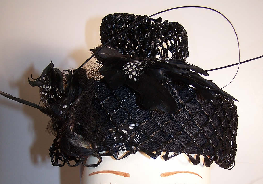 Mildred Black Straw Bird Feather Toque Hat  Front view.