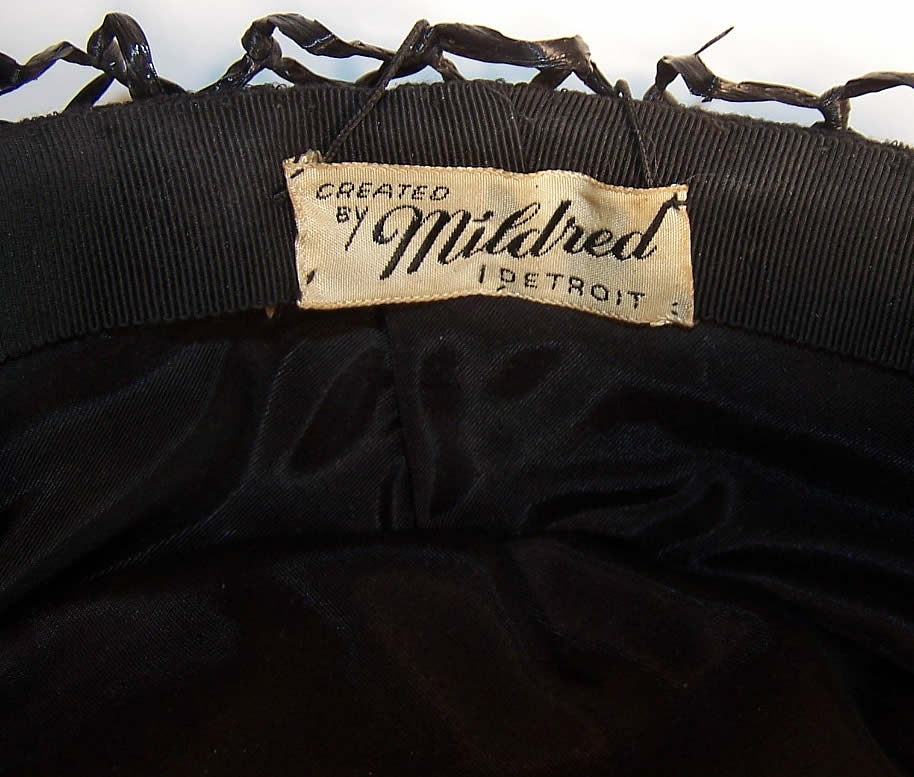 Mildred Black Straw Bird Feather Toque Hat Close up.