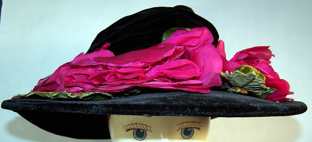 Vintage Black Velvet Roses Short-Back Sailor Hat  Front view.