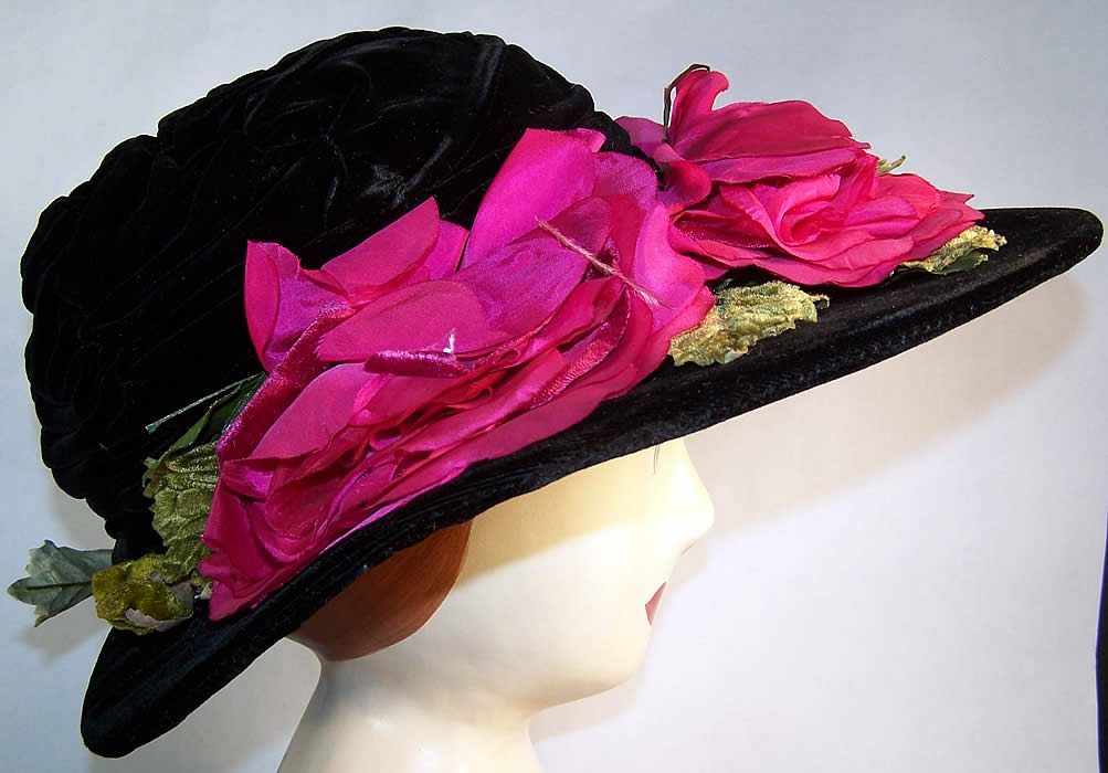 Vintage Black Velvet Roses Short-Back Sailor Hat Side View.