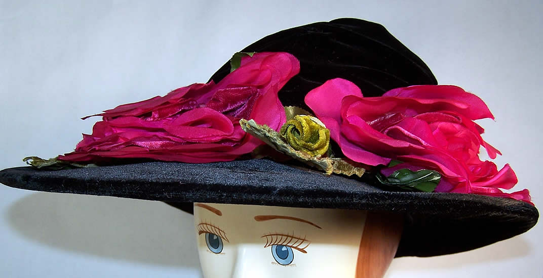Vintage Black Velvet Roses Short-Back Sailor Hat side view.