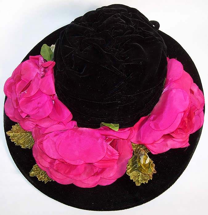 Vintage Black Velvet Roses Short-Back Sailor Hat Close up.