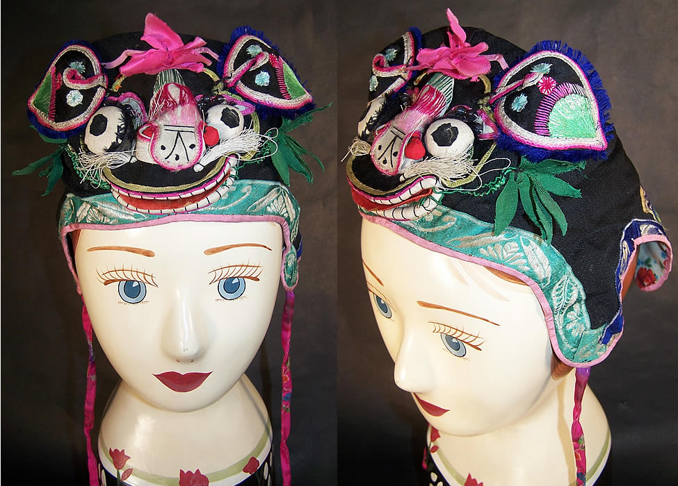 Chinese Child Infant Silk Applique Tiger Wind Hat  Front view.