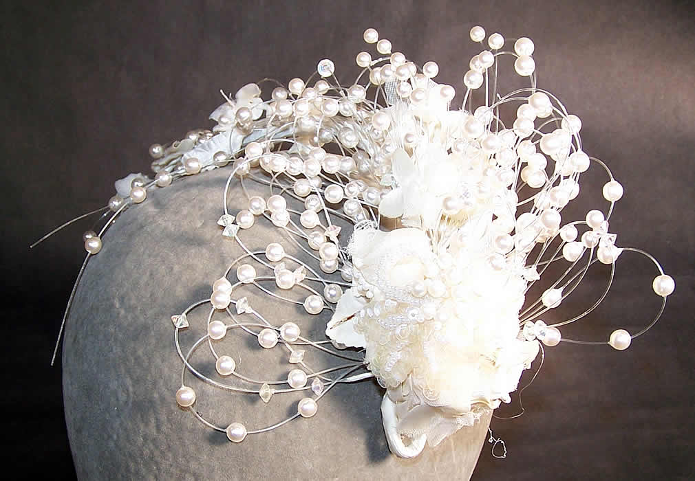 Pearl Beaded Bridal Floral Wedding Headpiece Tiara Side View.