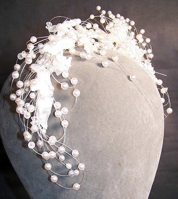 Pearl Beaded Bridal Floral Wedding Headpiece Tiara side view.