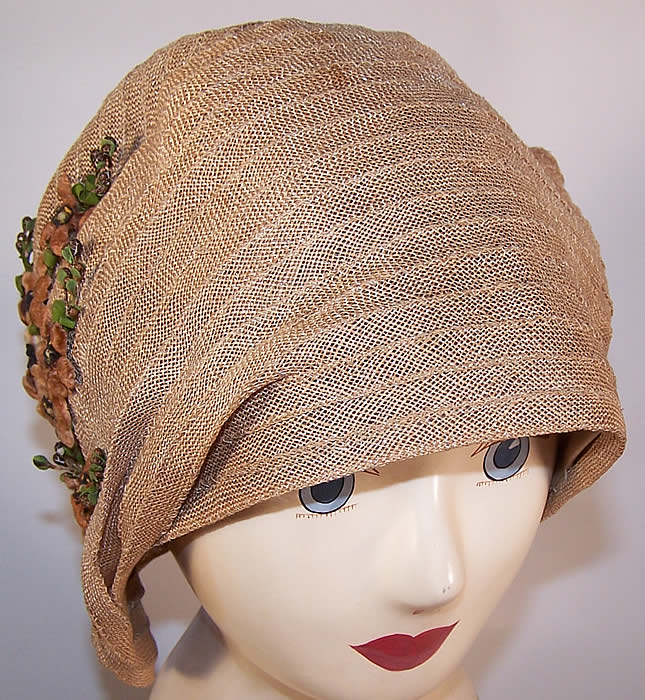 Vintage Natural Straw Asymmetrical Brown Velvet Flower Flapper Cloche Hat