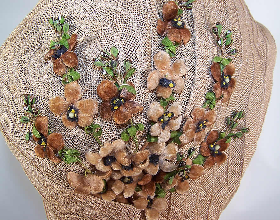 Vintage Natural Straw Asymmetrical Brown Velvet Flower Flapper Cloche Hat close up.