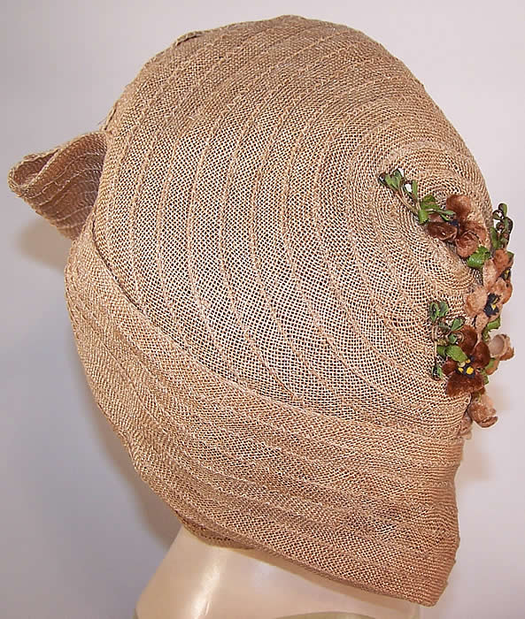 Vintage Natural Straw Asymmetrical Brown Velvet Flower Flapper Cloche Hat back view