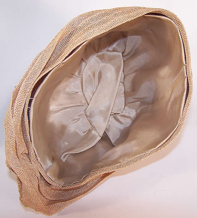 Vintage Natural Straw Asymmetrical Brown Velvet Flower Flapper Cloche Hat inside view shows the lining