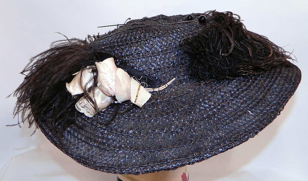 Edwardian Woven Black Straw Ostrich Feather Wide Brim Hat & Hatpins. This antique Edwardian era woven black straw ostrich feather wide brim hat and hatpin's date from 1910.