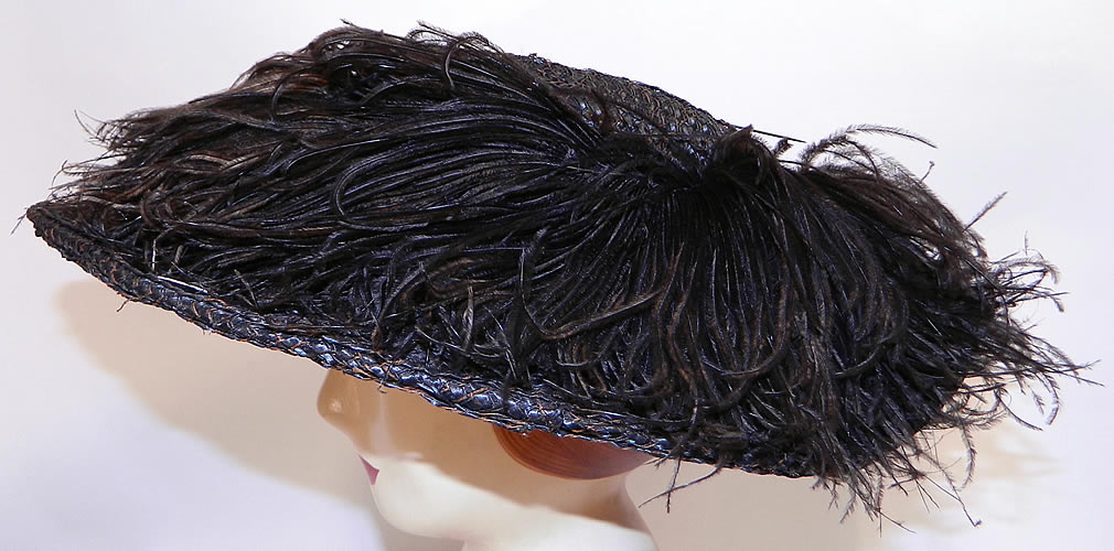 Edwardian Woven Black Straw Ostrich Feather Wide Brim Hat & Hatpins. This is a wonderful piece of wearable millinery art! 