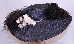 Edwardian Woven Black Straw Ostrich Feather Wide Brim Hat & Hatpins