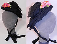 Victorian Black Silk Crepe Pink Flower Trim Mourning Bonnet Hat