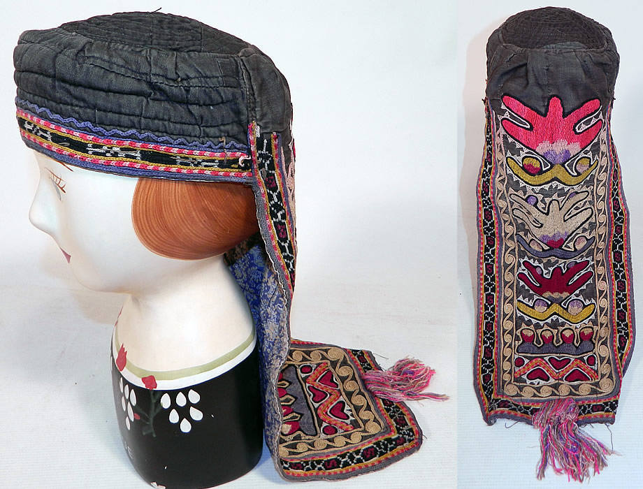 Antique Uzbekistan Suzani Embroidered Tribal Textile Lady's Hood Hat Cap
This antique Uzbekistan suzani embroidered tribal textile lady's hood hat cap dates from the 1940s