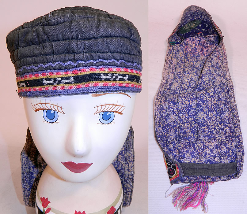 Antique Uzbekistan Suzani Embroidered Tribal Textile Lady's Hood Hat Cap
It is hand stitched, made of a black cotton quilted stitch fabric, with colorful hand embroidery work done in the Uzbek suzani style with chain, satin and buttonhole stitches creating decorative tribal designs. 