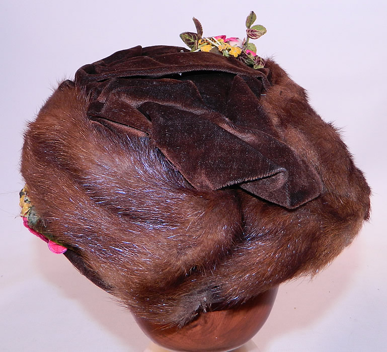 Titanic Edwardian Brown Velvet Mink Fur Floral Trim Toque Traveling Winter Hat
This is truly a quality made & dramatic grand ladies Titanic era hat!