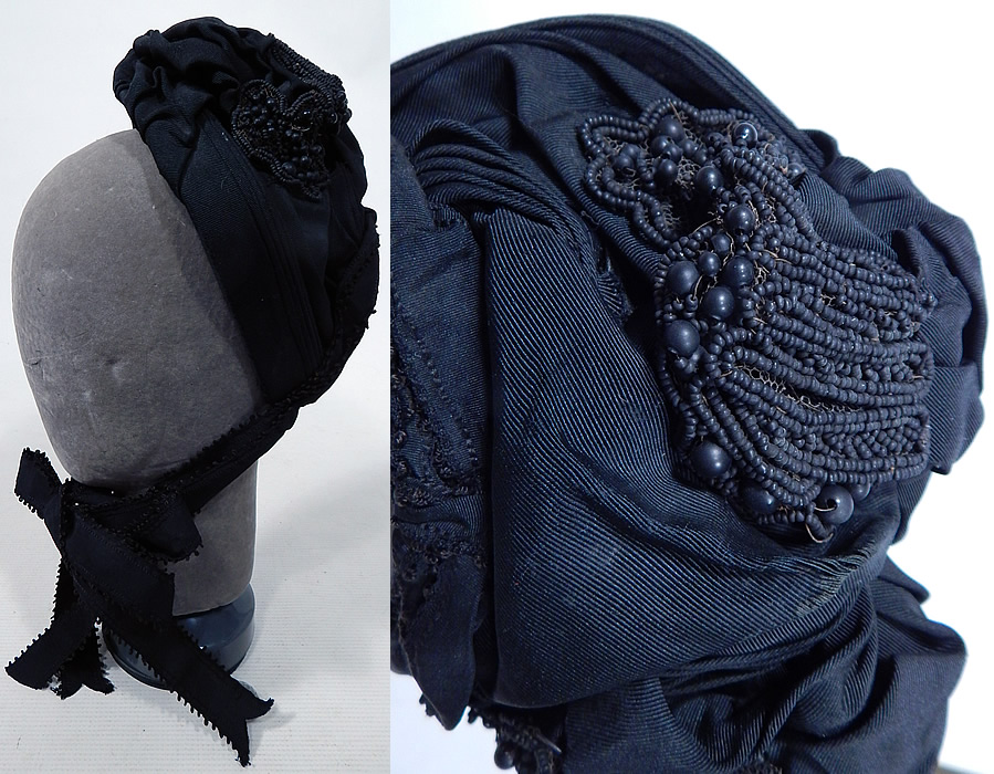 Victorian Black Silk Grosgrain Jet Beaded Trim Mourning Bonnet Hat
This antique Victorian era black silk grosgrain jet beaded trim mourning bonnet hat dates from the 1880s. It is made of a black silk grosgrain ribbed corded fabric, with black jet beaded trim accents on the sides.