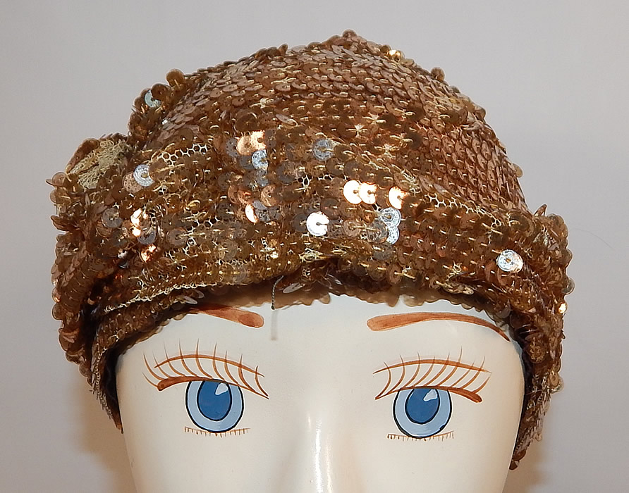 Vintage Frances Louise Hollywood Label Art Deco Gold Sequin Flapper Cloche Hat
This vintage Frances Louise Hollywood label Art Deco gold sequin flapper cloche hat dates from the roaring 1920s.