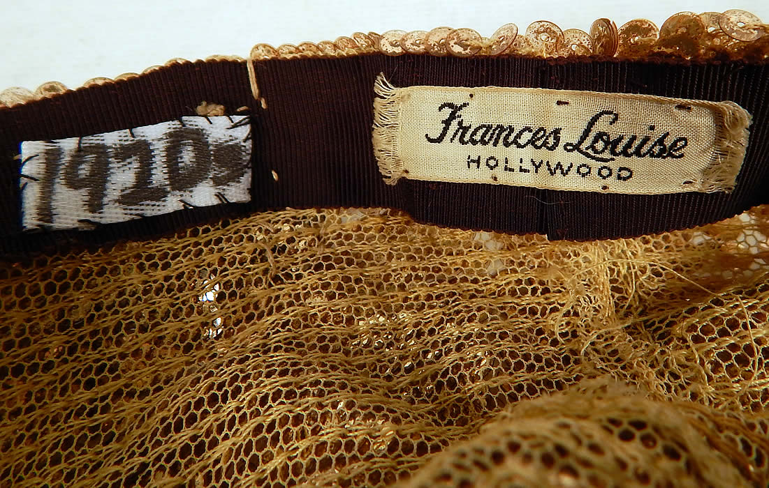Vintage Frances Louise Hollywood Label Art Deco Gold Sequin Flapper Cloche Hat
There is a "Frances Louise Hollywood" designer label sewn inside. 