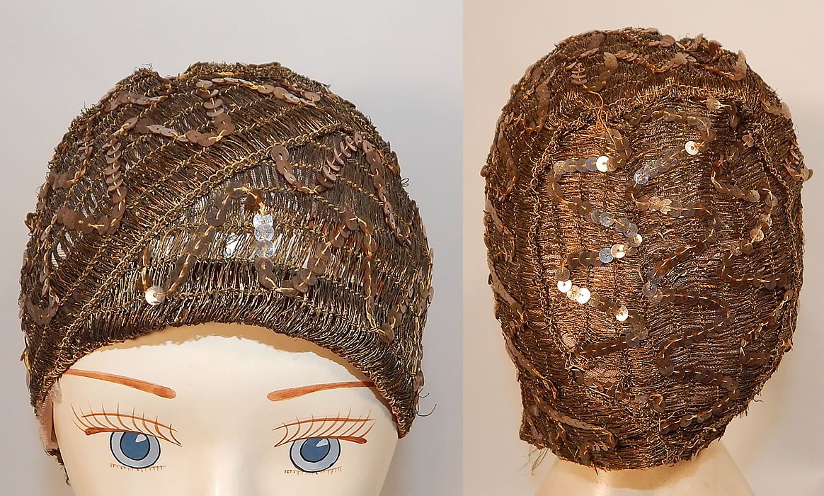 Vintage Smart Hat Label Art Deco Gold Lamé Lame Woven Sequin Beaded Flapper Cloche
The hat is made of a woven gold metallic lamé mesh fabric, with gold metallic sequin beaded zigzag design accents. 
