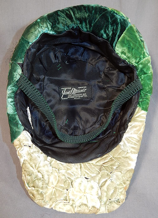 Vintage Janet Meisner Mado Paris Label Green Velvet Leaf Floral Trim Bicorne Hat
It is in good condition, with only some remnants of green tulle net left on the side. This is truly a wonderful piece of unique wearable millinery art!