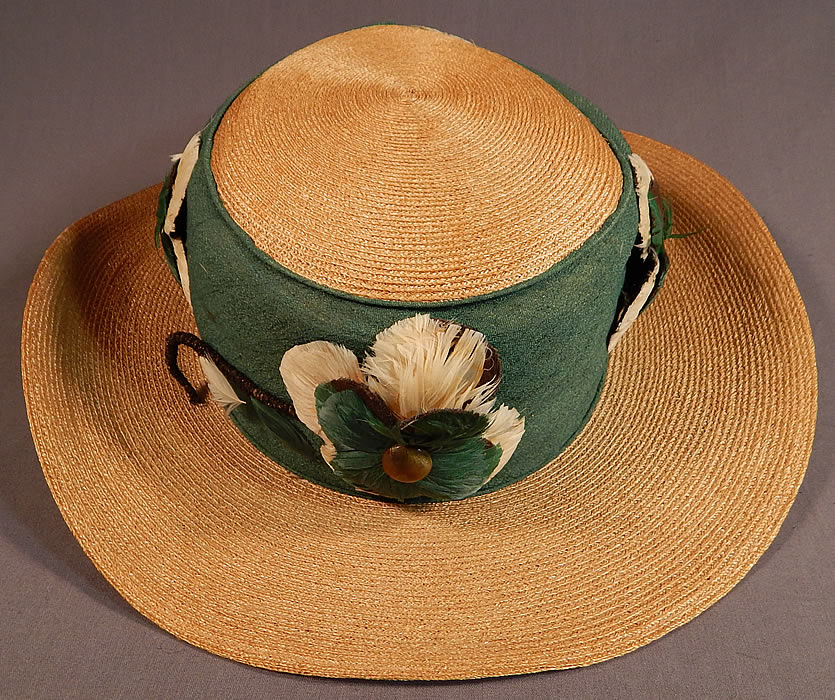 Vintage M. H. Loach Natural Woven Straw Green Ribbon Feather Rosette Wide Brim Hat
This is truly a wonderful piece of quality made wearable textile millinery art! 