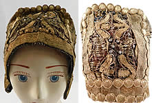 Antique Gold Lame Lace Rhinestones Bavarian German Folk Bonnet Goldhaube Hat 
