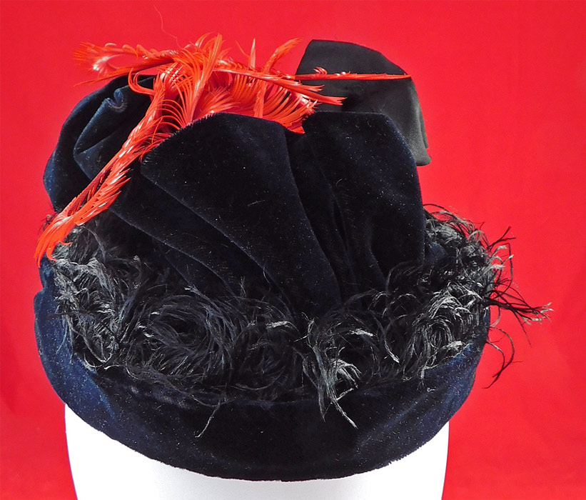 Victorian 1870s Black Velvet Red Feather Ribbon Trim Small Pork Pie Toque Traveling Hat
The hat measures 9 by 6 inches and is 20 inches inside crown circumference. 