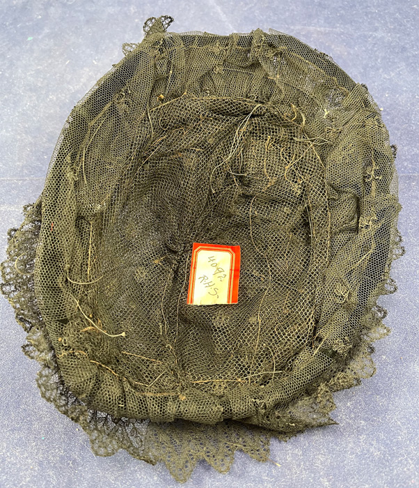 Victorian Antique Black Chantilly Tambour Lace Net Wire Frame Morning Bonnet Hat
with remnants of a paper label inside from the Rochester Historical Society (deaccession). The hat measures 24 1/2 inches around and is 6 1/2 inches wide across.