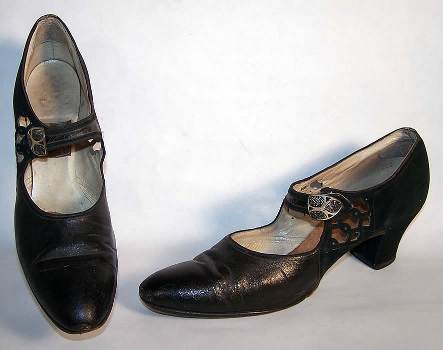  Art Deco Black Leather Silver Buckle Flapper Shoes  Front view.